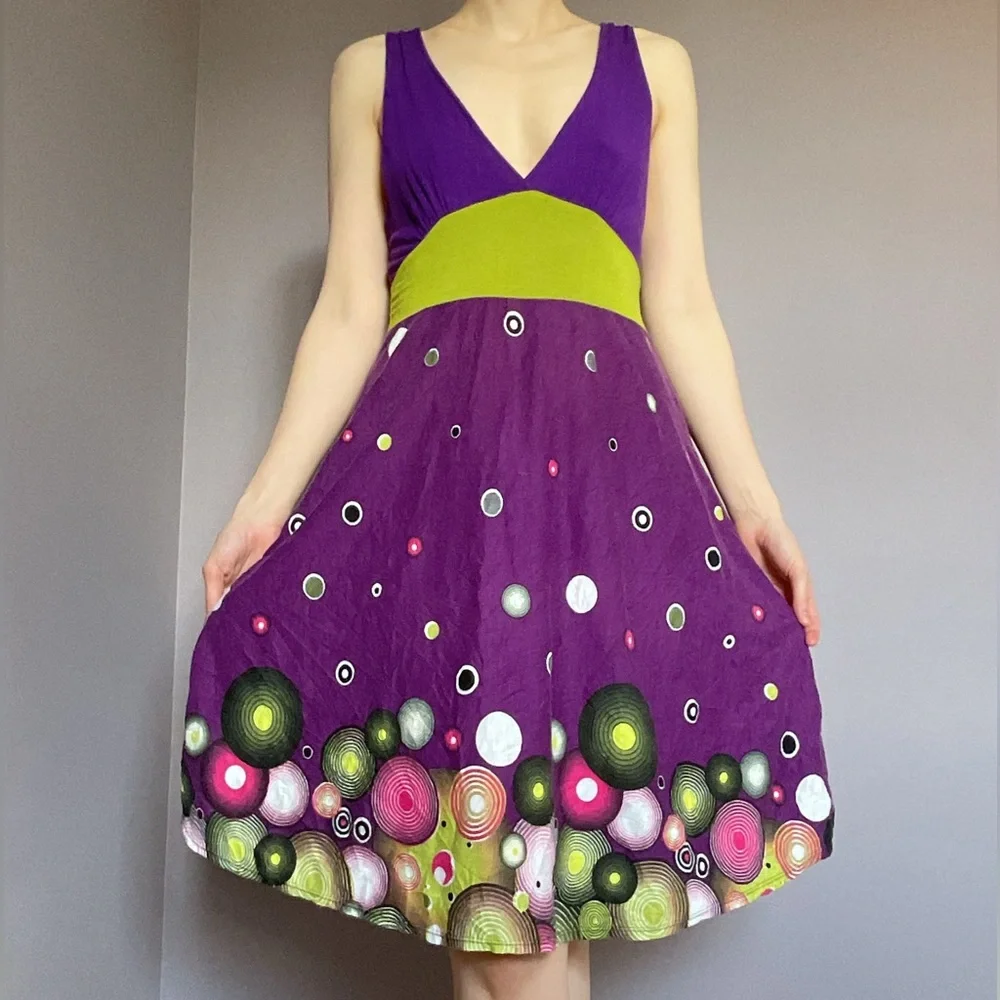 Whimsical Purple and Green Summer Dress - Picture 1 of 9